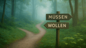 Ein Weg mit zwei Schildern: „Müssen“ und „Wollen“ – eine visuelle Einladung zur bewussten Entscheidung.