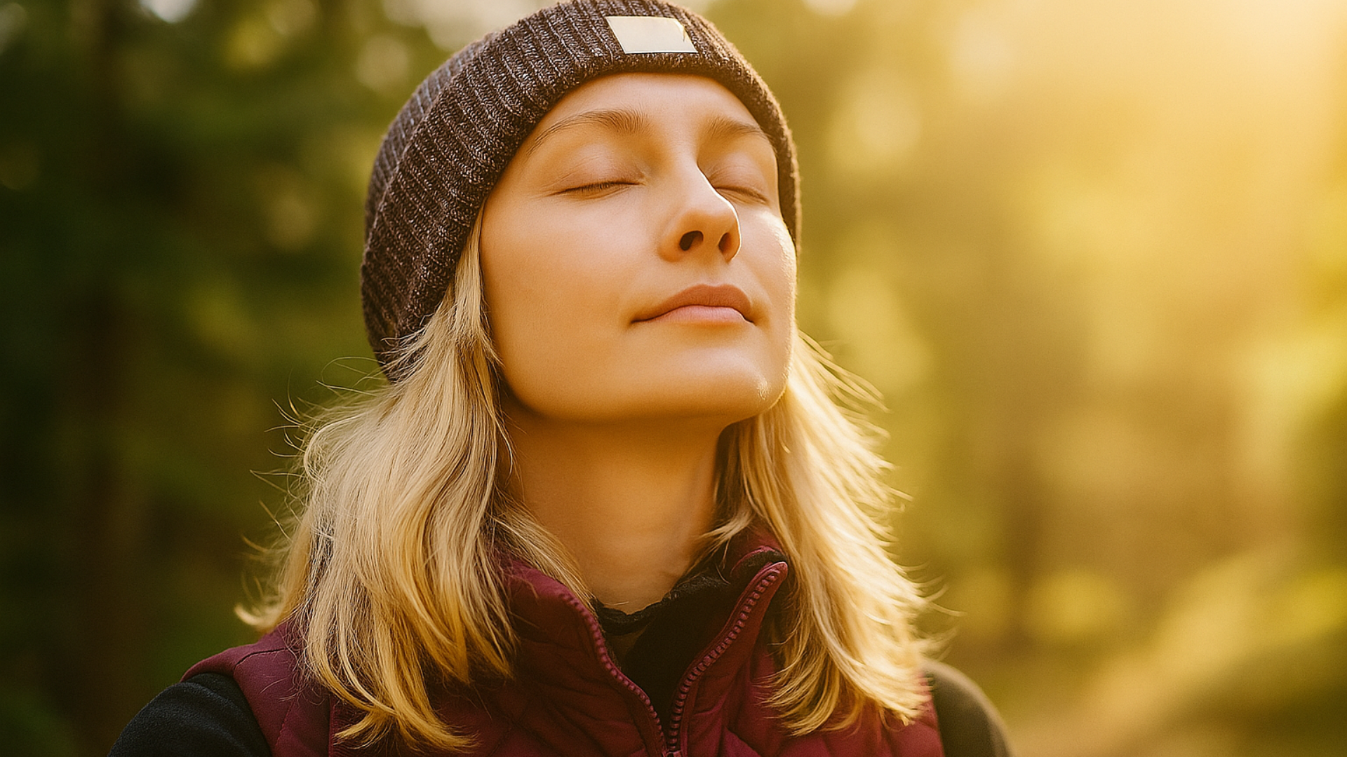 Eine Frau hat die Augen geschlossen und genießt das Sonnenlicht – Sinnbild für persönliche Klarheit, Fokus und Ausrichtung